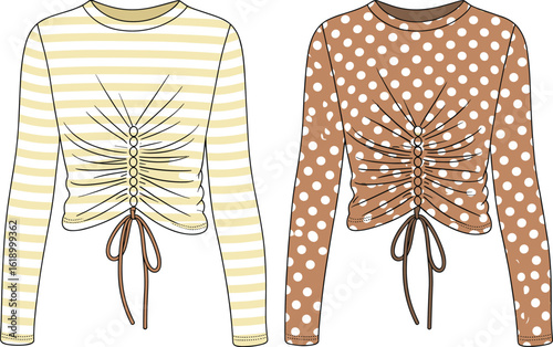 Long sleeve ruched top CAD, gathered front detail blouse, fashion flat sketch, polka dot and stripe pattern, women’s top vector, garment technical illustration