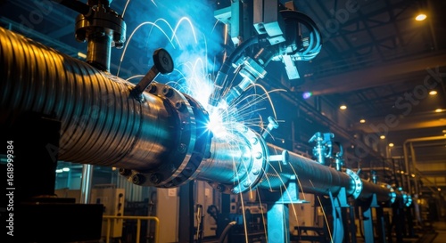 Nighttime factory shot with glowing arcs from orbital welding on vacuuminsulated cryogenic piping capturing industrial precision and focus.