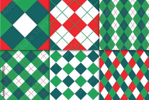 Bright and colorful argyle pattern designs featuring red, green, and white tones. Perfect for Christmas-themed decorations, textile designs, or graphic art.