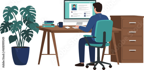 Man working on desktop computer at home office, digital resume on screen, remote work scene with desk, plants, files, cad drawing flat vector illustration