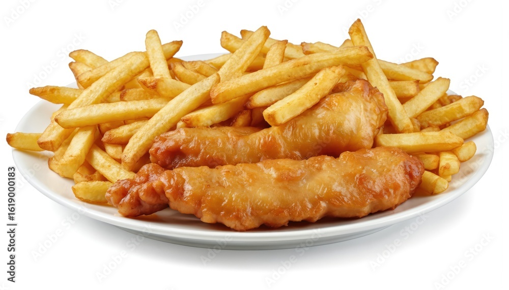 Crispy battered fish fillets served with thick-cut golden fries on white plate. Piece offers crunchy exterior, tender interior, presenting classic British comfort food dish. Satisfying meal perfect Crispy battered fish fillets served with thick-cut golden fries on white plate. Piece offers crunchy exterior, tender interior, presenting classic British comfort food dish. Satisfying meal perfect