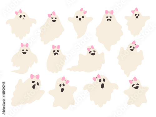 Set of cute cartoon ghosts with pink bows showing different facial expressions. Perfect for Halloween decorations, party invitation and kids designs. Fun and spooky autumn clipart