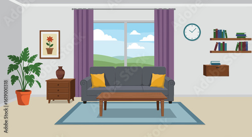 Modern cozy living room interior with sofa, coffee table, bookshelves, and indoor plant — bright window view and wall decor