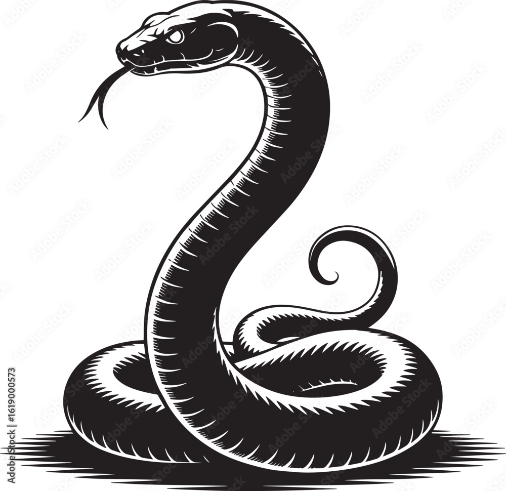 Fototapeta premium Coiled Snake Silhouette with Tongue Out A Striking Reptile Vector Illustration Design