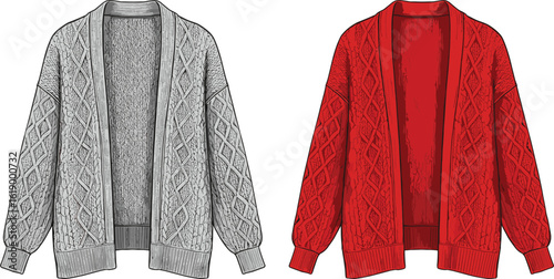 Women’s open front cable knit cardigan flat sketch, long sleeve ribbed hem cozy layering sweater CAD fashion illustration in grayscale and red color options