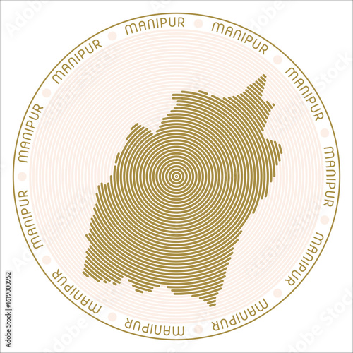 Manipur round logo design. State shape build of rings. Manipur text around the state. Vector Illustration.