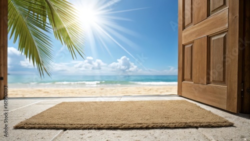 Fototapeta Naklejka Na Ścianę i Meble -  Open doorway view to a tropical beach paradise vacation with palm tree and doormat welcoming guests to summer