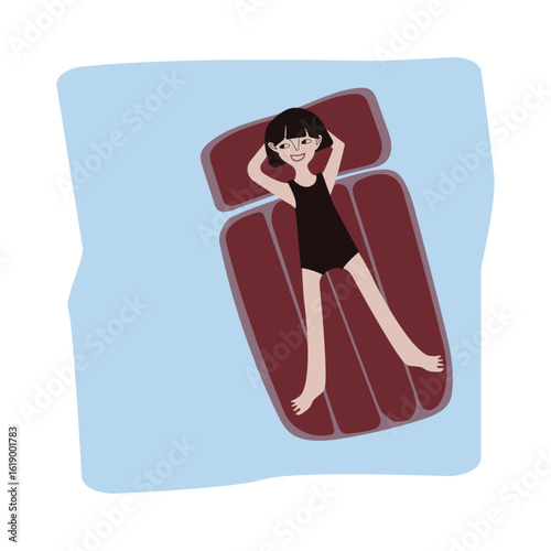 Pale dark-haired girl swims in the pool or sea on an inflatable mattress. Square scene. Vector illustration for advertising, poster, postcard or brochure about your tourist complex