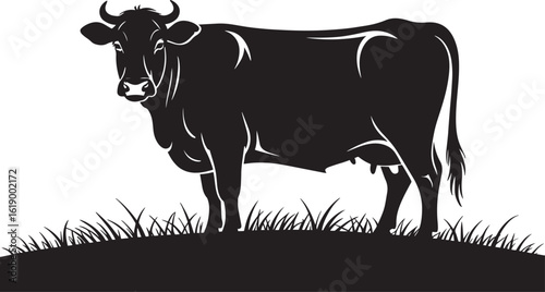 Silhouette Cow Grazing on Hillside Pasture Vector Illustration Farm Animal Livestock Agriculture