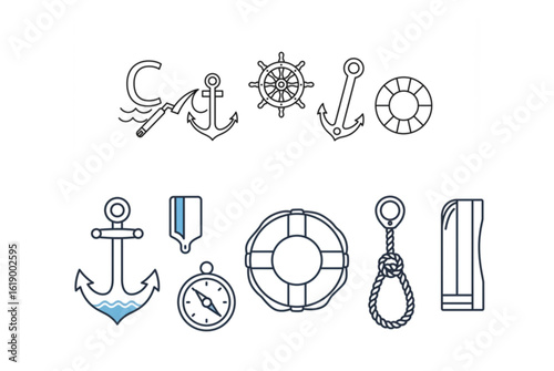 Nautical icons set anchors ship wheel lifebuoy compass maritime voyage adventure exploration