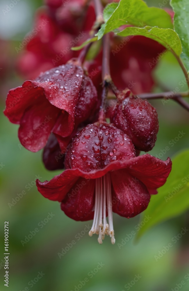 Macro shot of Leycesteria formosa blossoms, pheasant berry, covered in water droplets after rain. Deep red, bell-shaped flowers with prominent white stamens hang from branch, contrasted by vibrant Macro shot of Leycesteria formosa blossoms, pheasant berry, covered in water droplets after rain. Deep red, bell-shaped flowers with prominent white stamens hang from branch, contrasted by vibrant