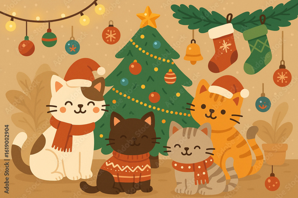 Obraz premium Cute Cartoon Cats in Christmas Outfits with Festive Decorations Vector