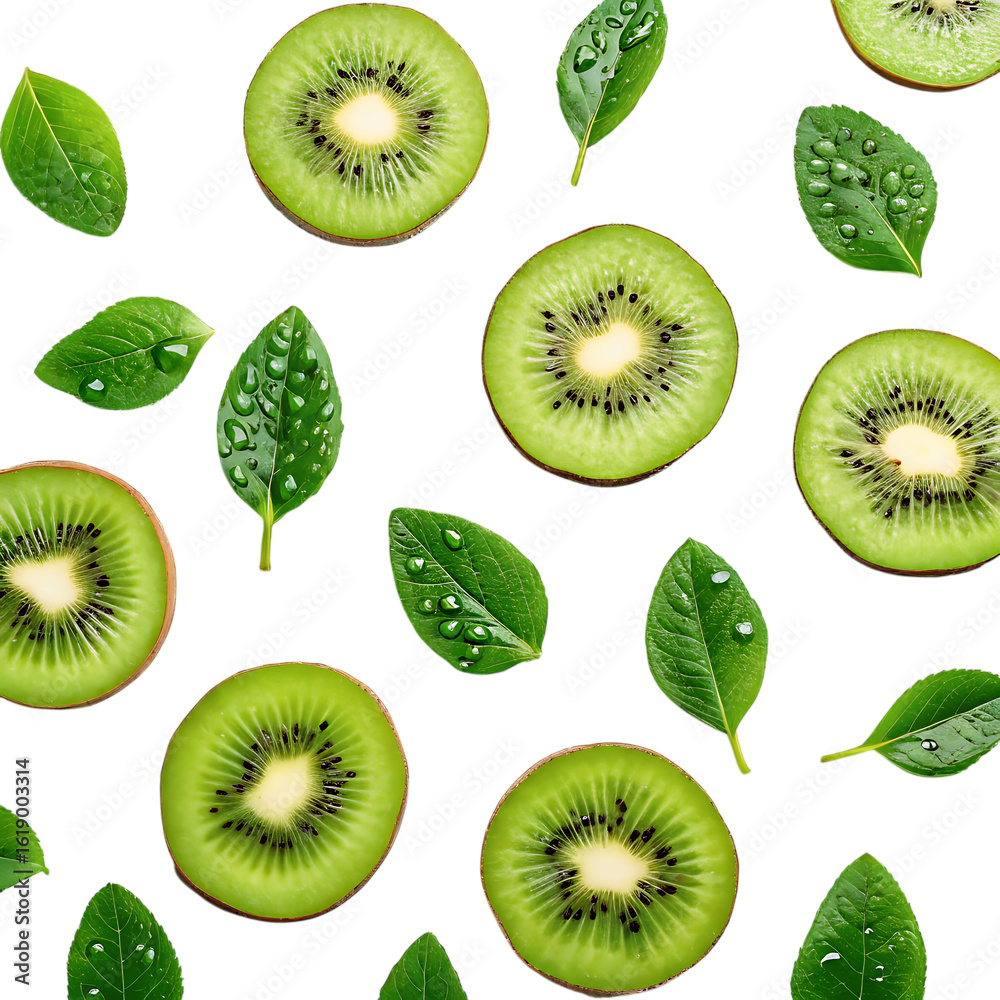 Fototapeta premium Freshly sliced ripe kiwi fruit halves and green leaves isolated on transparent background