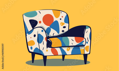Stylish accent chair with vibrant retro pattern brings a fun and playful vibe to any modern living space