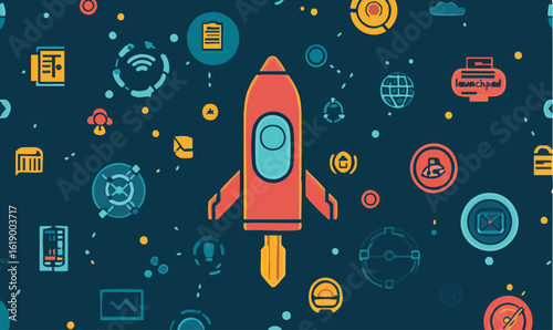 Bold startup launchpad concept with vibrant rocket and technology icons for modern business projects
