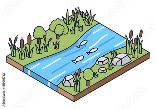 Clean river ecosystem with plants and water.