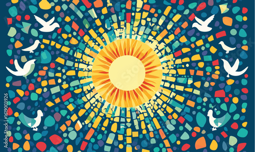 Vibrant sunburst mosaic with peaceful flying doves radiates warmth and hope in a colorful stylized scene