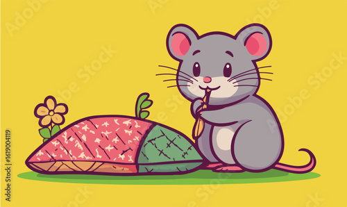 Adorable cartoon mouse enjoys a tasty treat near a colorful pillow against yellow background