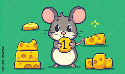 Cute cartoon mouse holding number one with cheese blocks for playful educational material