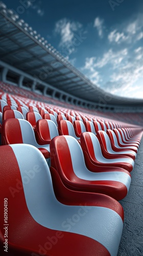 Stadium seats arranged in red and white colors under a clear blue sky at midday