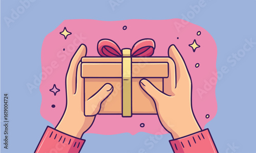 Receive a special gift box lovingly held in two hands with a charming ribbon and magical sparkles