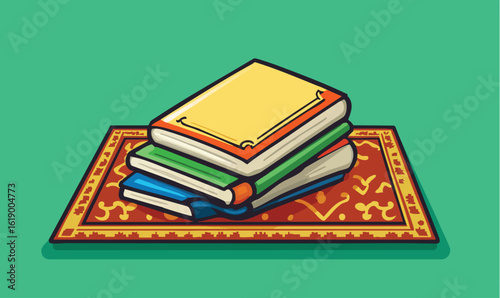 Colorful stacked books on patterned rug offer inviting learning and educational resource vibe for back to school