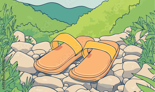 Relaxing summer vacation concept with sandals on rocks against a mountain backdrop under the sun