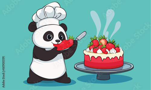 Cute panda chef with strawberry cake adds berry topping, inviting sweet treat indulgence today