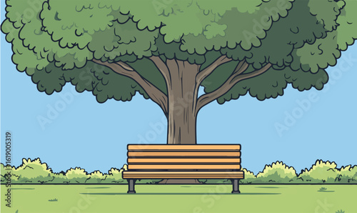 Find serenity under the shade of a sprawling tree at peaceful park bench for relaxation