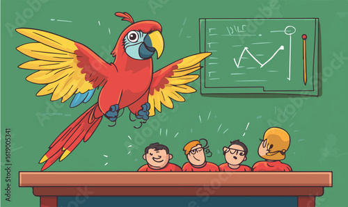 Funny parrot teaching business finance to students on chalkboard cartoon drawing illustration