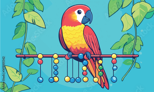 Vibrant scarlet macaw cartoon perched on colorful beads with lush tropical foliage backdrop
