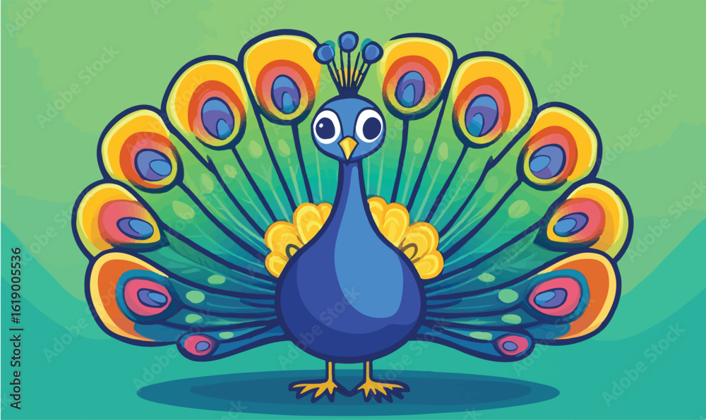 Fototapeta premium Vibrant cartoon peacock with beautiful feathers for children's book illustration or colorful animal designs