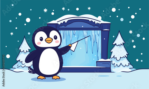 Adorable cartoon penguin presenting winter scene with snowy trees and ice palace background