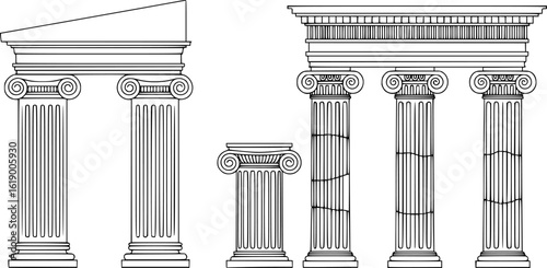 Line Greek pillars and Roman columns, ancient architecture and antique buildings, vector icons. Greece or Rome architecture column pillars of marble stone in line art with pilasters and ornate cornice