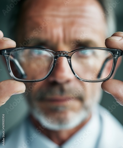 A person holds up a pair of glasses, with the background blurred to focus on the glasses. The image captures the clarity and importance of the glasses in the person's hands.