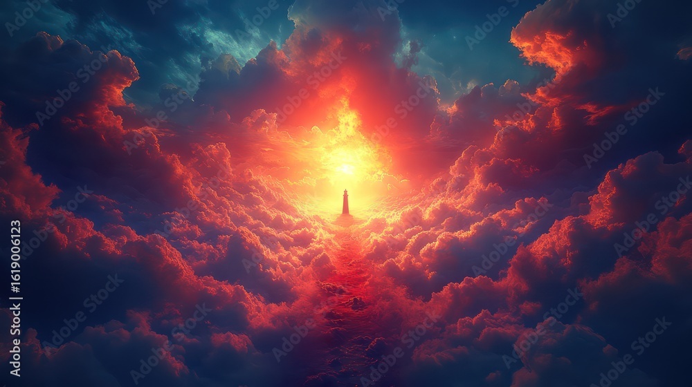 Fototapeta premium Celestial path through fiery clouds, radiant light at the end.