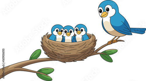 Cartoon blue bird family in nest, mother bird caring for chicks, tree branch with leaves, wildlife parenting, nature concept illustration