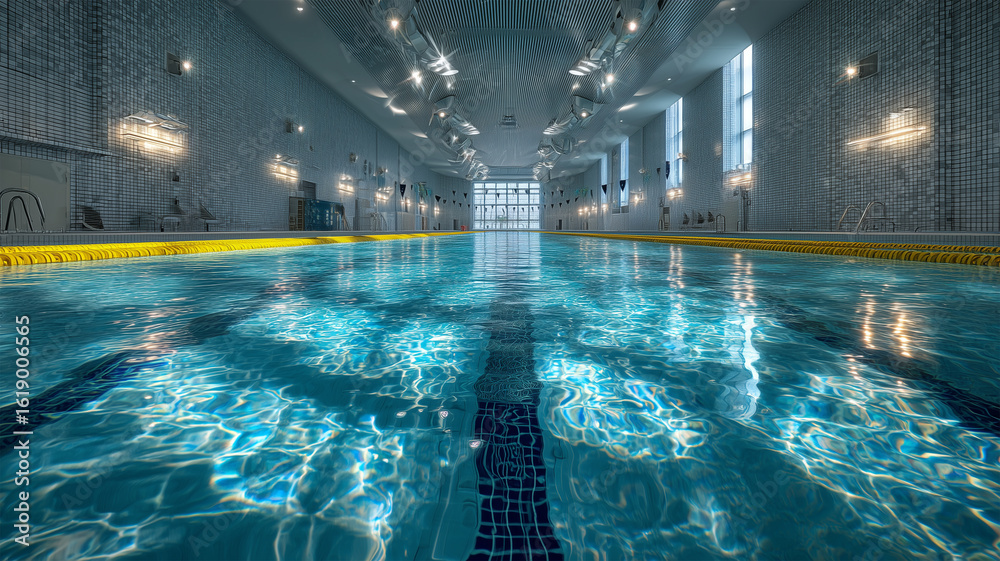 Obraz premium 広大な静かな屋内プールの水中全景演出美
