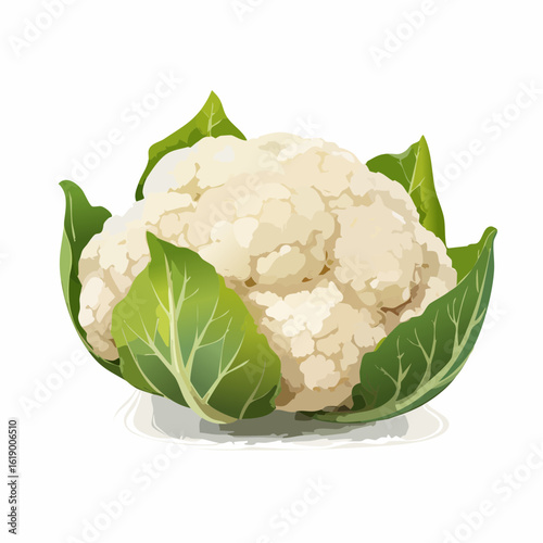 Joli Chou-fleur entier avec ses feuilles, en gros plan, arrière plan blanc 