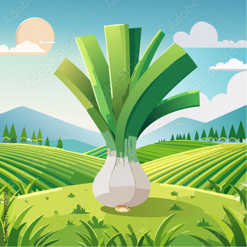 Jolie illustration de poireaux, arrière plan nature et campagne, soleil, ciel bleu