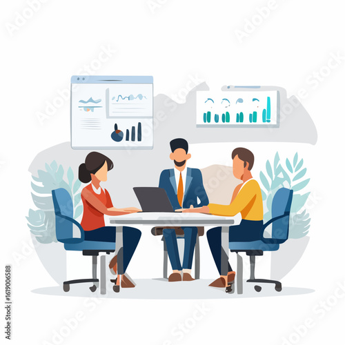 Réunion de travail, manager et collaborateurs assis à une table, discussion, brainstorming, échange, bilan, business 