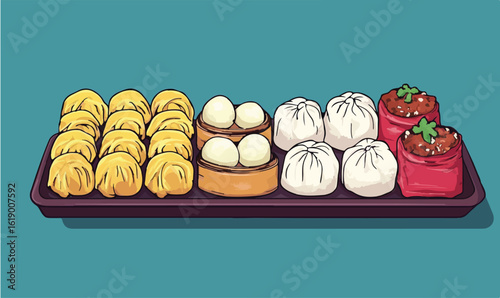 Delicious dim sum platter ready to eat with variety of steamed dumplings and buns