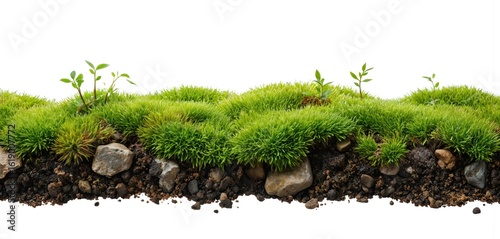 Rich green moss patch with soil, rocks, isolated on white background. Features tiny seedlings sprouting through vibrant vegetation. Dense, cushion-like texture, natural earthy elements offer