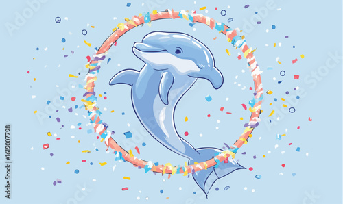 Playful dolphin jumping through a festive hoop with confetti celebrating a special occasion