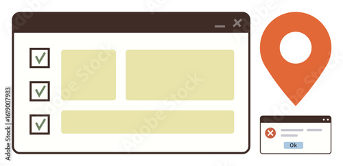 Web browser tab with checklist and yellow boxes, bright orange geolocation pin, and popup error window. Ideal for project management, navigation, error handling, user experience, geotagging