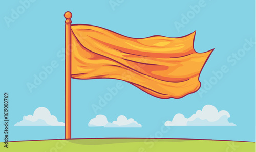 Vibrant orange flag proudly waves against a clear blue sky with fluffy clouds and green grass below