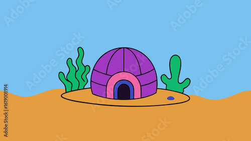 A vibrant cartoon illustration of a cactus plant in a desert landscape with a bright sky