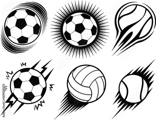 Monochrome vector set of six sports balls in motion. Stylized icons of soccer, volleyball, and tennis with speed and power effects.