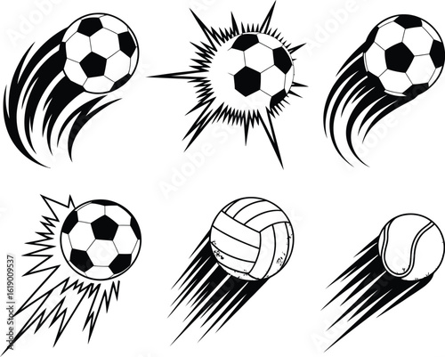 Dynamic Black and White Illustration of Sports Balls in Motion, Vector Graphic