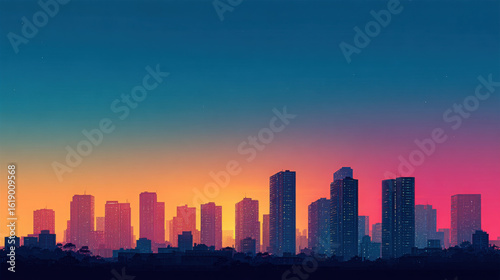 Vibrant Sunset Skyline: Atmospheric Cityscape with Modern Architecture in Dusk Tranquility